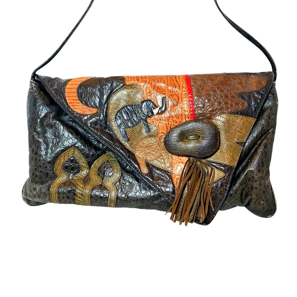 Genuine Pebble Leather Envelope Purse Baguette Embellish Design Elephant Tassel